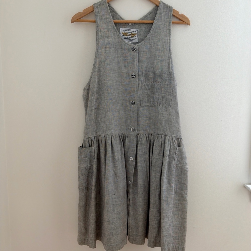 Vintage Limited Express Cotton Dress Jumper Drop Waist Woven Pockets Buttons 80s